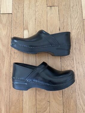 Dansko Black Leather Slip-On Clogs